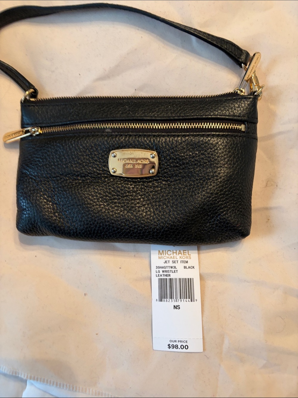 Michael Kors Black Pebbled Leather Wristlet with Gold-Tone Hardware